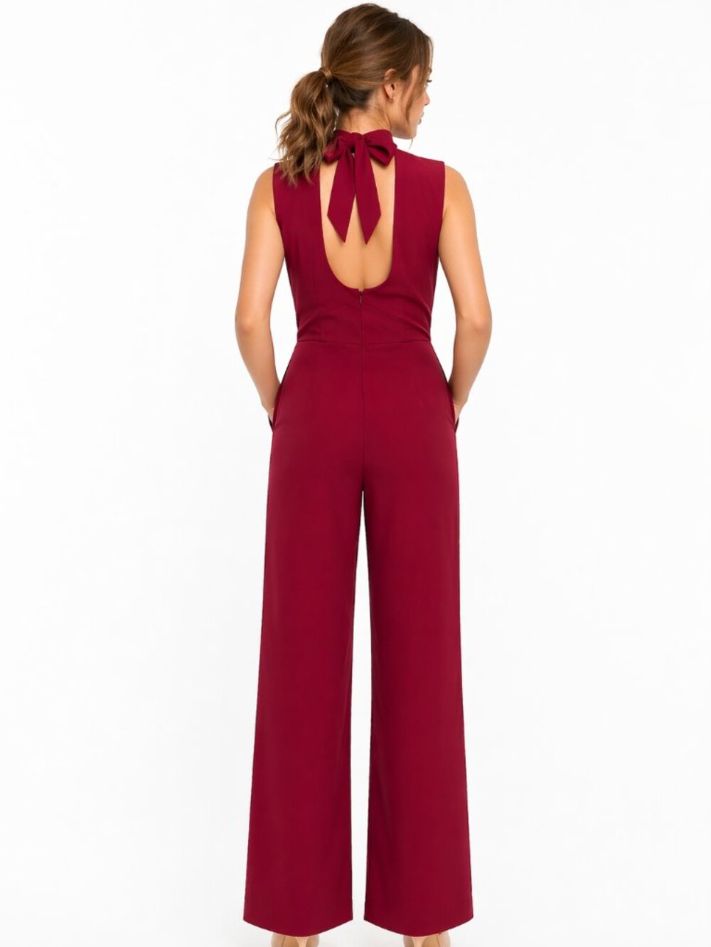 Charles Henry Wine Pink Elegant Jumpsuit XS Open Back Tie Wide Leg - Picture 2 of 5